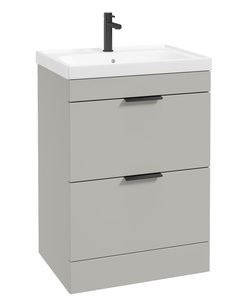 STOCKHOLM Floor Standing 60cm Two Drawer Vanity Unit Matt Arctic Grey - Matt Black Handles