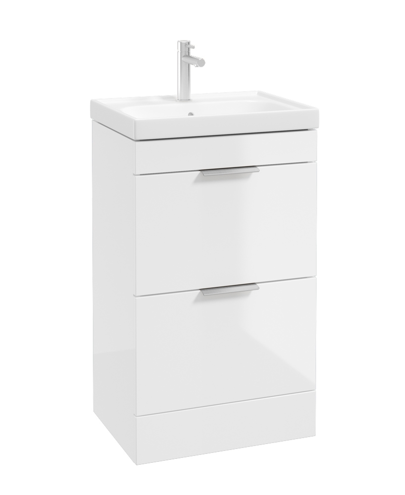 STOCKHOLM Floor Standing 50cm Two Drawer Vanity Unit Gloss White - Brushed Chrome Handles