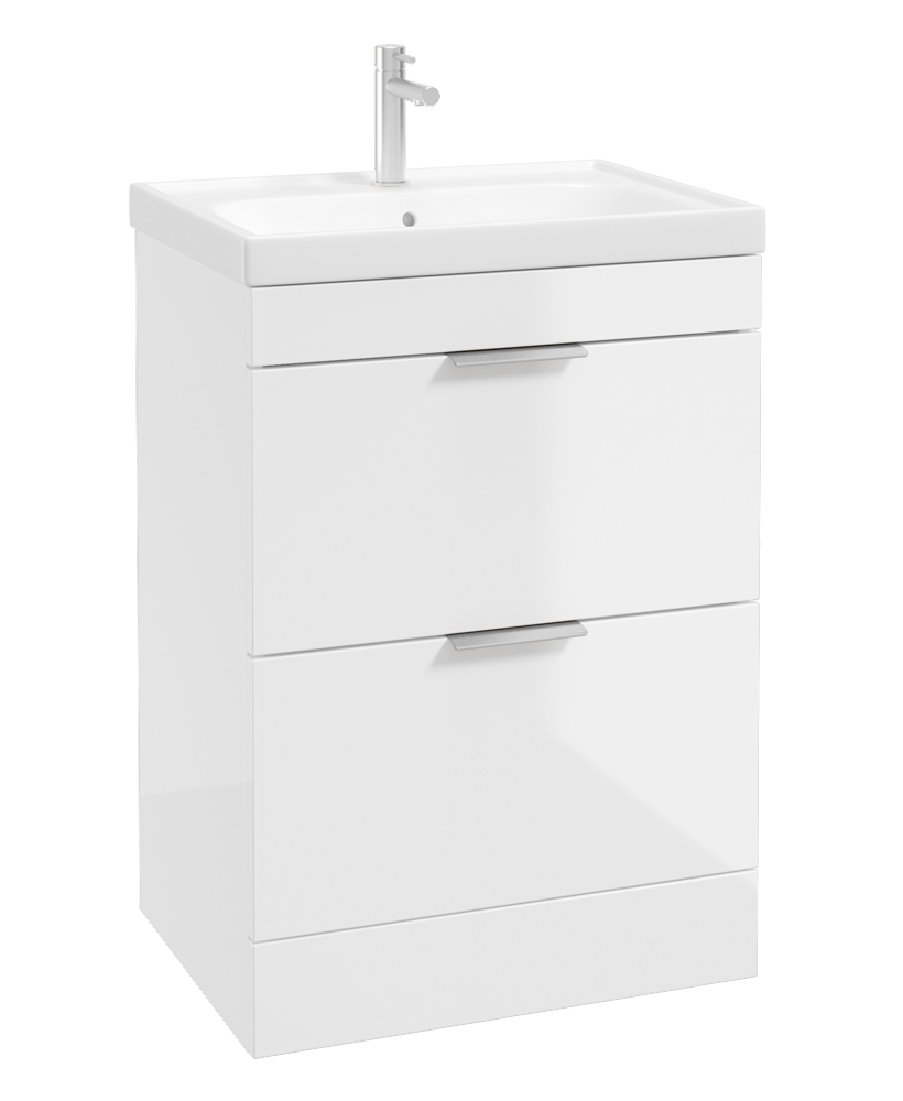 STOCKHOLM Floor Standing 60cm Two Drawer Vanity Unit Gloss White - Brushed Chrome Handles