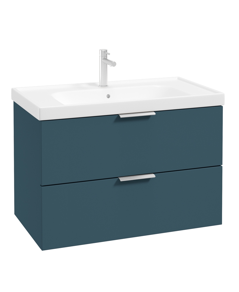 STOCKHOLM Wall Hung 80cm Two Drawer Vanity Unit Matt Ocean Blue - Brushed Chrome Handle