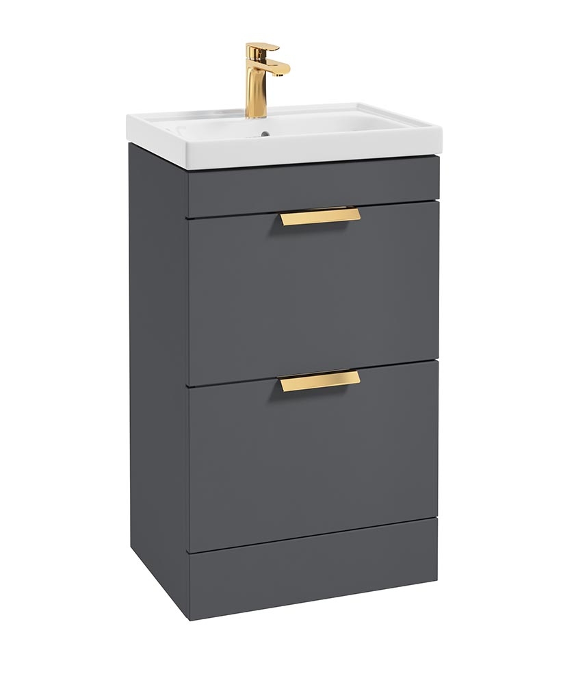 STOCKHOLM Midnight Grey Matt 50cm 2 Drawer Floor Standing Vanity Unit - Brushed Gold Handle