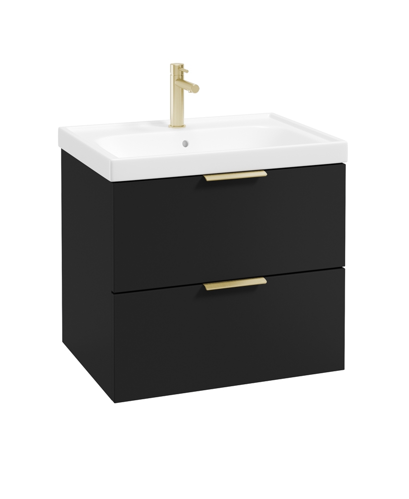 STOCKHOLM Wall Hung 60cm Two Drawer Vanity Unit Matt Black - Brushed Gold Handles