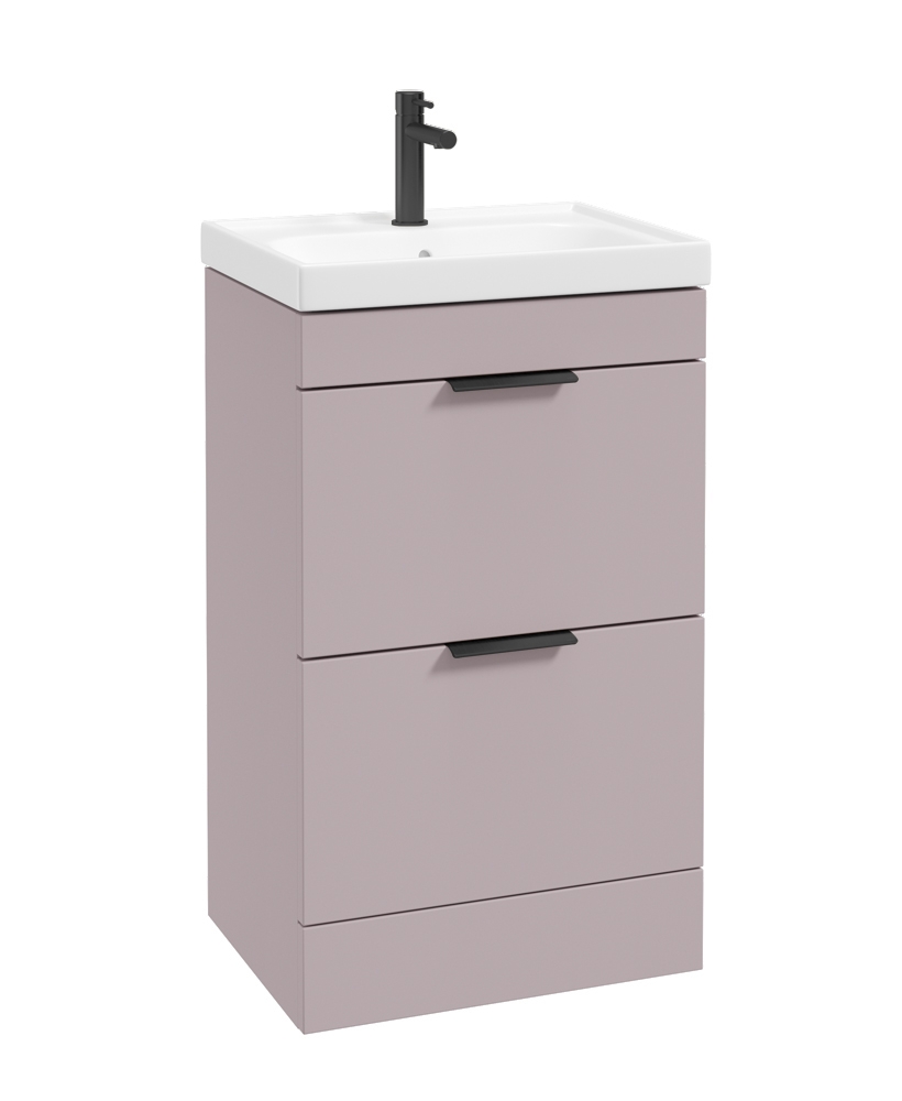 STOCKHOLM 50cm Two Drawer Floor Standing Matt Cashmere Pink Vanity Unit - Matt Black Handles