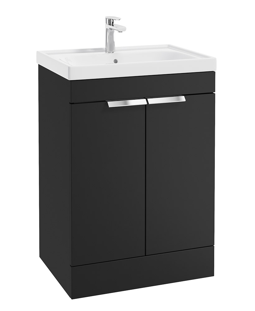 STOCKHOLM Floor Standing 60cm Two Door Vanity Unit Matt Black - Brushed Chrome Handles