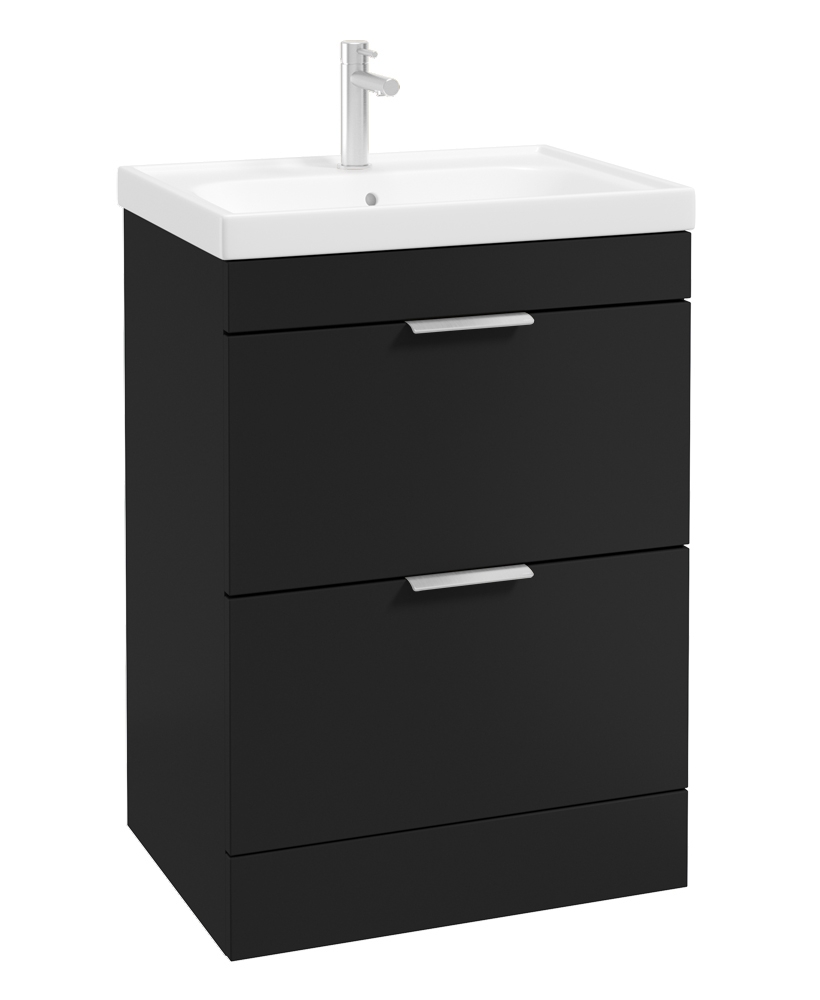 STOCKHOLM 60cm Two Drawer Floor Standing Matt Black Vanity Unit - Brushed Chrome Handles