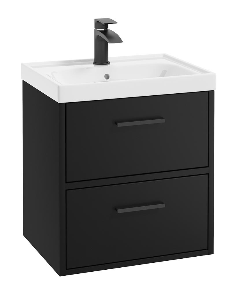 FINLAND 50cm Two Drawer Wall Hung Matt Black Vanity Unit - Matt Black Handle