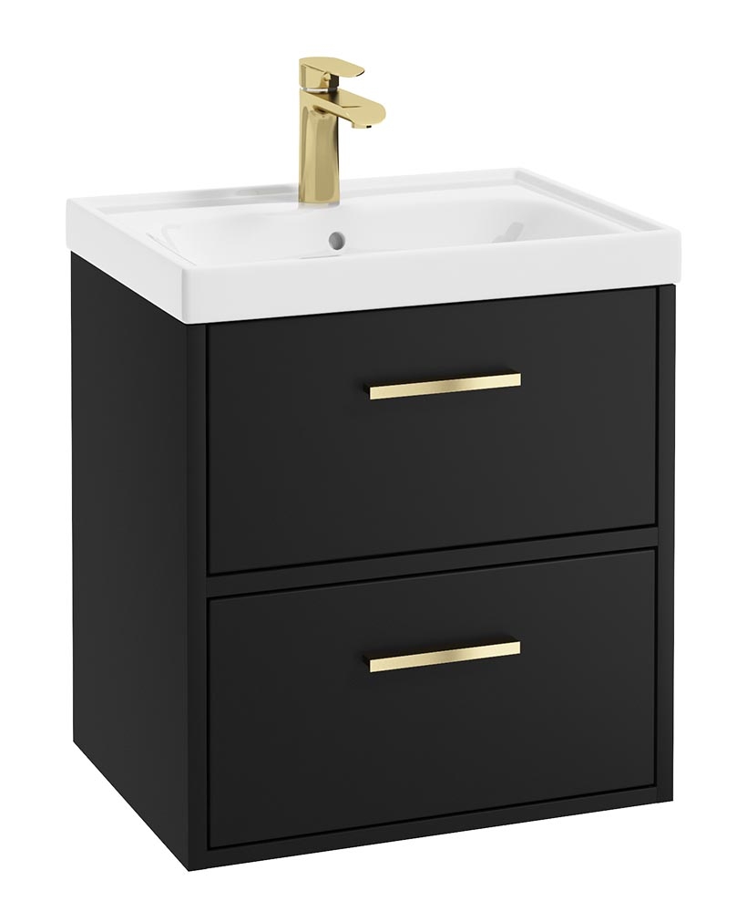 FINLAND 50cm Two Drawer Wall Hung Matt Black Vanity Unit - Brushed Gold Handle