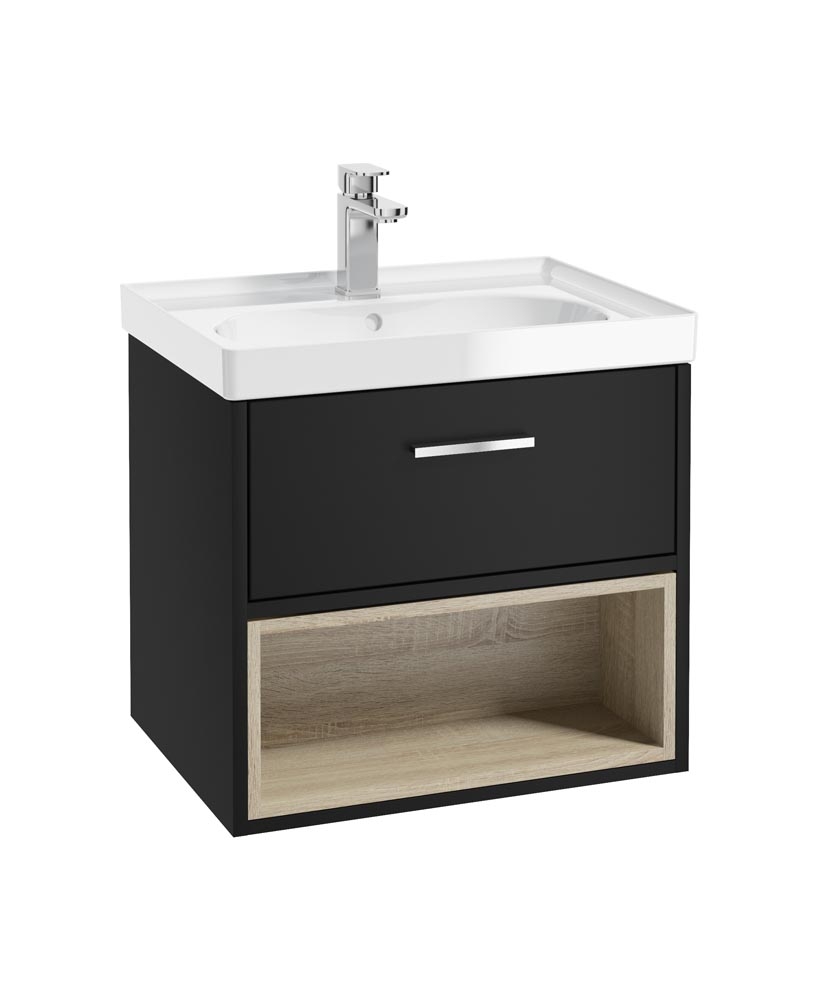 MALMO 60cm Matt Black Single Drawer Vanity Unit Gloss Basin - Brushed Chrome Handle