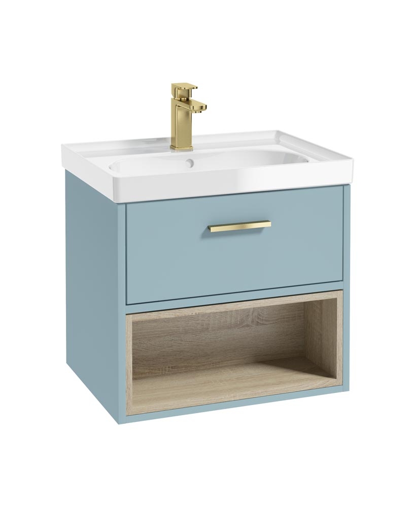 MALMO 60cm Matt Morning Sky Blue Single Drawer Vanity Unit Gloss Basin - Brushed Gold Handle