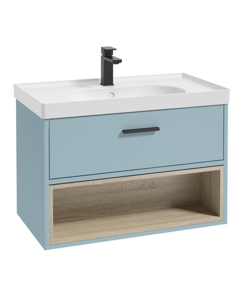 MALMO 80cm Matt Morning Sky Blue Single Drawer Vanity Unit Matt Basin - Matt Black Handle