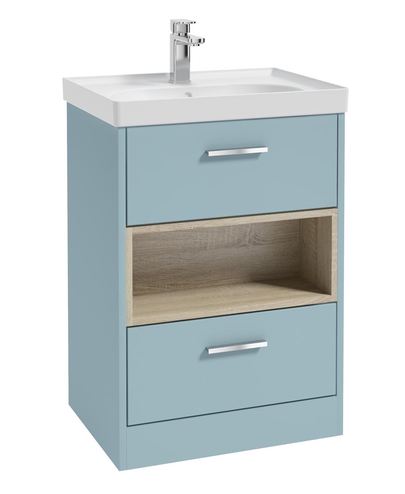 MALMO 60cm Two Drawer Matt Morning Sky Blue Floor Standing Vanity Unit Matt Basin- Brushed Chrome Handle