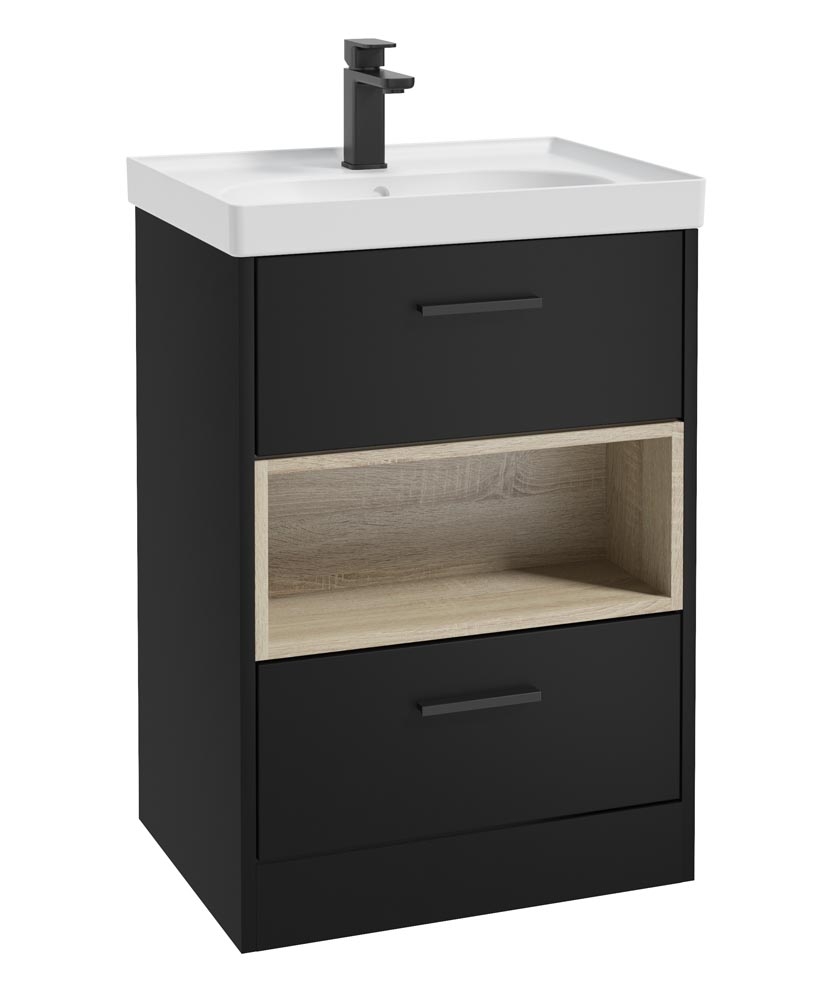 MALMO 60cm Two Drawer Matt Black Floor Standing Vanity Unit Matt Basin- Matt Black Handle