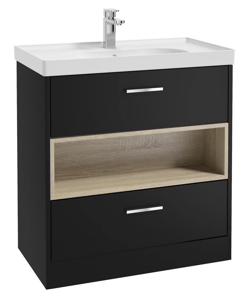 MALMO 80cm Two Drawer Matt Black Floor Standing Vanity Unit Matt Basin - Brushed Chrome Handle