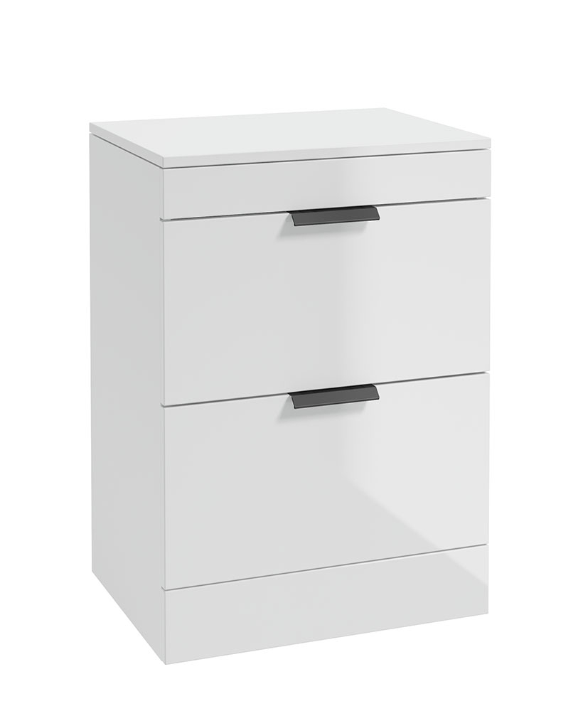 STOCKHOLM Floor Standing 60cm Two Drawer Countertop Vanity Unit Gloss White - Matt Black Handle