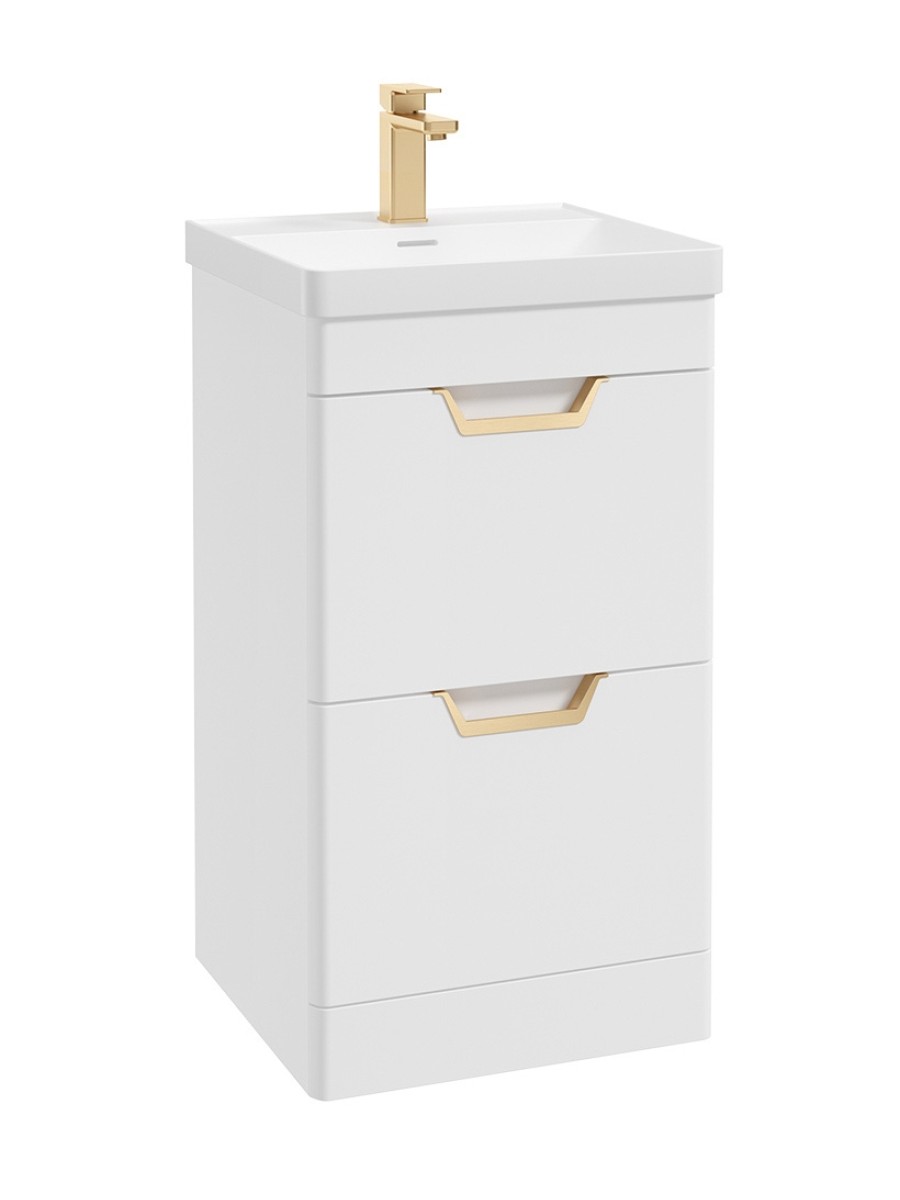 FREYA 50cm 2 Drawer Floor Standing Vanity Unit Matt White-Gold Handle