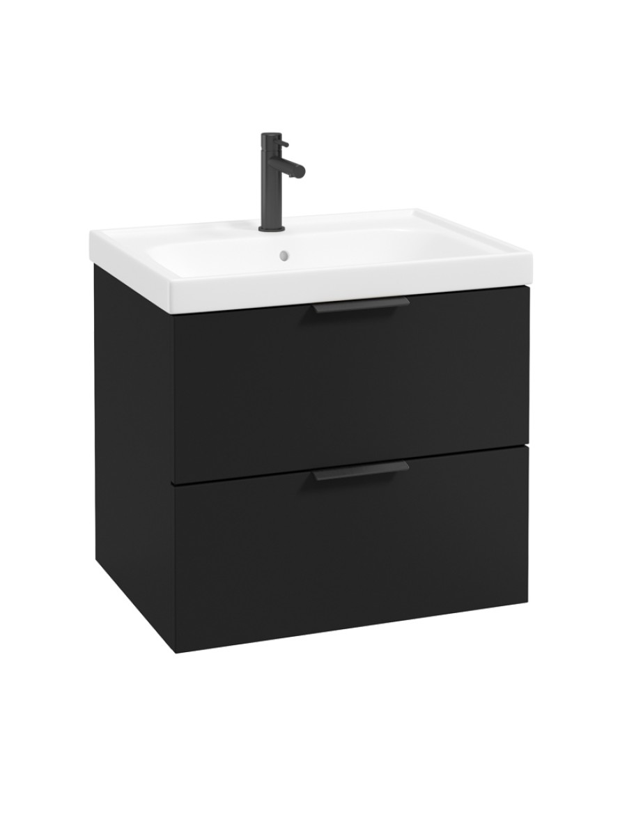 STOCKHOLM Wall Hung 60cm Two Drawer Vanity Unit Matt Black - Matt Black Handles