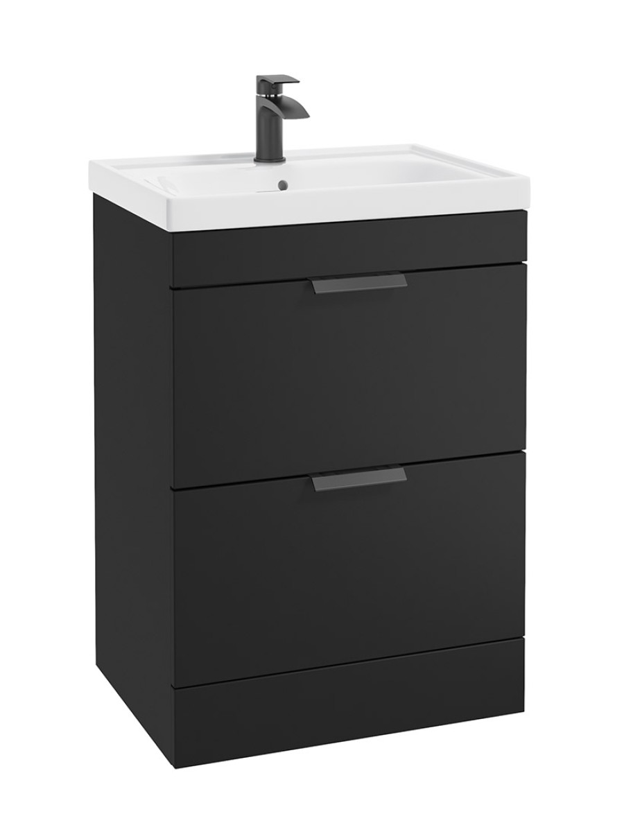 STOCKHOLM Floor Standing 60cm Two Drawer Vanity Unit Matt Black - Matt Black Handles