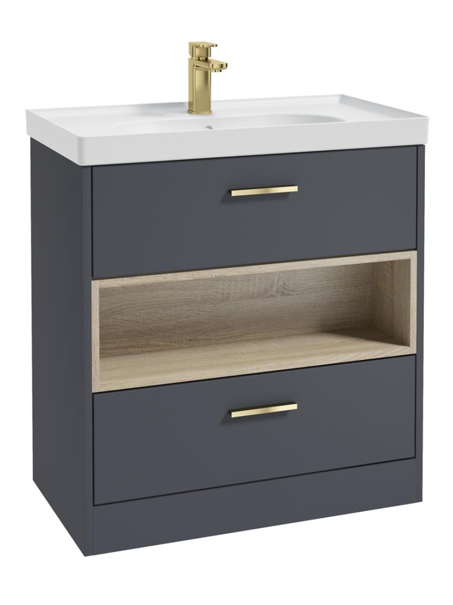 MALMO 80cm Two Drawer Matt Night Sky Blue Floor Standing Vanity Unit Matt Basin - Brushed Gold Handle