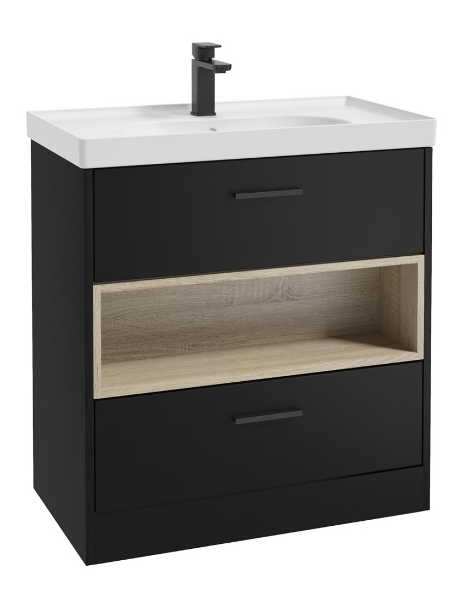 MALMO 80cm Two Drawer Matt Black Floor Standing Vanity Unit Matt Basin - Matt Black Handle