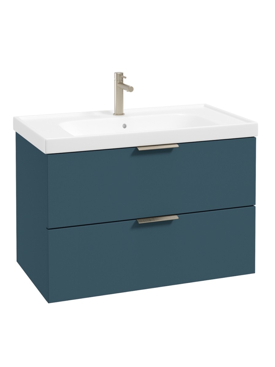 STOCKHOLM Wall Hung 80cm Two Drawer Vanity Unit Matt Ocean Blue - Brushed Nickel Handle