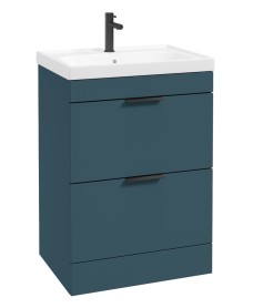 STOCKHOLM Floor Standing 60cm Two Drawer Vanity Unit Matt Ocean Blue - Matt Black Handles