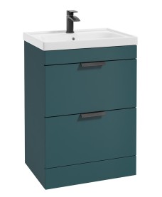 STOCKHOLM Floor Standing 60cm Two Drawer Vanity Unit Matt Ocean Blue - Matt Black Handles