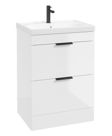 STOCKHOLM Floor Standing 60cm Two Drawer Vanity Unit Gloss White - Matt Black Handles