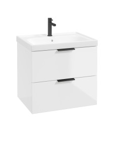 STOCKHOLM Wall Hung 60cm Two Drawer Vanity Unit Gloss White - Matt Black Handle