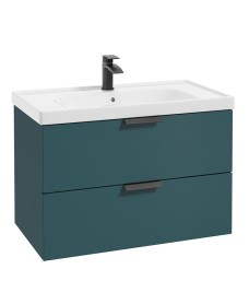 STOCKHOLM Wall Hung 80cm Two Drawer Vanity Unit Matt Ocean Blue - Matt Black Handle