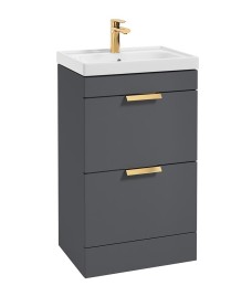 STOCKHOLM Floor Standing 50cm Two Drawer Vanity Unit Matt Midnight Grey - Brushed Gold Handles