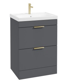 STOCKHOLM Floor Standing 60cm Two Drawer Vanity Unit Matt Midnight Grey - Brushed Gold Handles