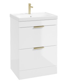 STOCKHOLM Floor Standing 60cm Two Drawer Vanity Unit Gloss White - Brushed Gold Handles