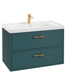 FINLAND Ocean Blue Matt 80cm Wall Hung Vanity Unit - Brushed Gold Handle