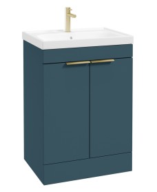 STOCKHOLM Floor Standing 60cm Two Door Vanity Unit Matt Ocean Blue - Brushed Gold Handles