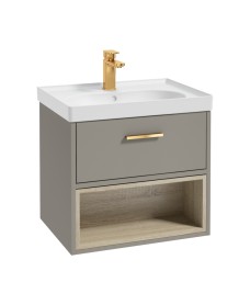 MALMO 60cm Single Drawer - Open Shelf Unit - Khaki - Brushed Gold Handle - Matt Basin