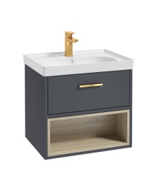 MALMO 60cm Single Drawer - Open Shelf Unit - Matt Night Sky Blue - Brushed Gold Handle - Matt Basin