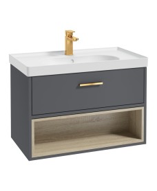 MALMO 80cm Single Drawer - Open Shelf Unit - Midnight Grey - Brushed Gold Handle - Matt Basin