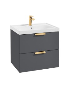 STOCKHOLM Wall Hung 60cm Two Drawer Vanity Unit Matt Midnight Grey - Brushed Gold Handle