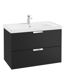 STOCKHOLM Wall Hung 80cm Two Drawer Vanity Unit Matt Black - Brushed Chrome Handles