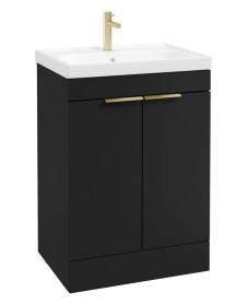 STOCKHOLM Floor Standing 60cm Two Door Vanity Unit Matt Black - Brushed Gold Handles