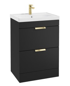 STOCKHOLM Floor Standing 60cm Two Drawer Vanity Unit Matt Black - Brushed Gold Handles