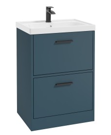 FINLAND 60cm Two Drawer Matt Ocean Blue Floor Standing Vanity Unit - Matt Black Handle