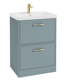 FINLAND 60cm Two Drawer Matt Coral Green Floor Standing Vanity Unit - Brushed Gold Handle