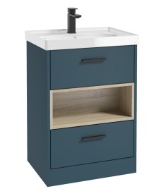 MALMO 60cm Two Drawer Matt Ocean Blue Floor Standing Vanity Unit Gloss Basin- Matt Black Handle