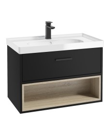 MALMO 80cm Matt Black Single Drawer Vanity Unit Gloss Basin - Matt Black Handles