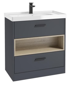 MALMO 80cm Two Drawer Matt Night Sky Blue Floor Standing Vanity Unit Gloss Basin - Matt Black Handle