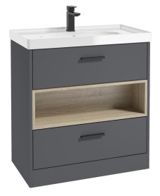 MALMO 80cm Two Drawer Matt Midnight Grey Floor Standing Vanity Unit Gloss Basin - Matt Black Handle