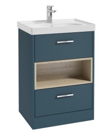 MALMO 60cm Two Drawer Matt Ocean Blue Floor Standing Vanity Unit Matt Basin- Brushed Chrome Handle