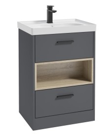 MALMO 60cm Two Drawer Matt Midnight Grey Floor Standing Vanity Unit Matt Basin - Matt Black Handle