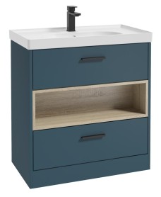 MALMO 80cm Two Drawer Matt Ocean Blue Floor Standing Vanity Unit Matt Basin - Matt Black Handle